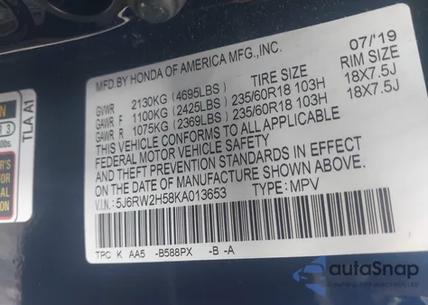 2019 Honda Cr-V Ex из США, поврежденный, VIN 5J6RW2H58KA013653